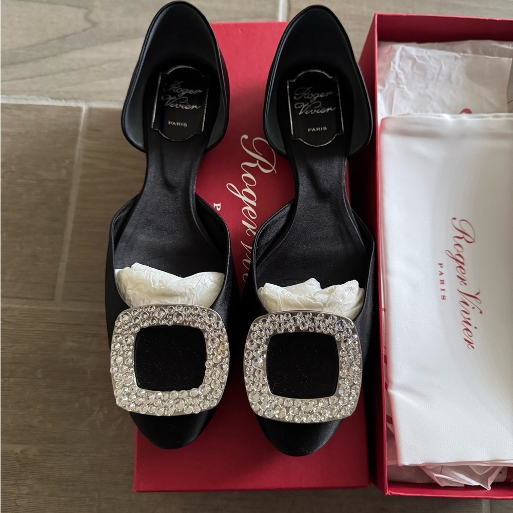 Roger Vivier black satin flats with crystal buckles 37